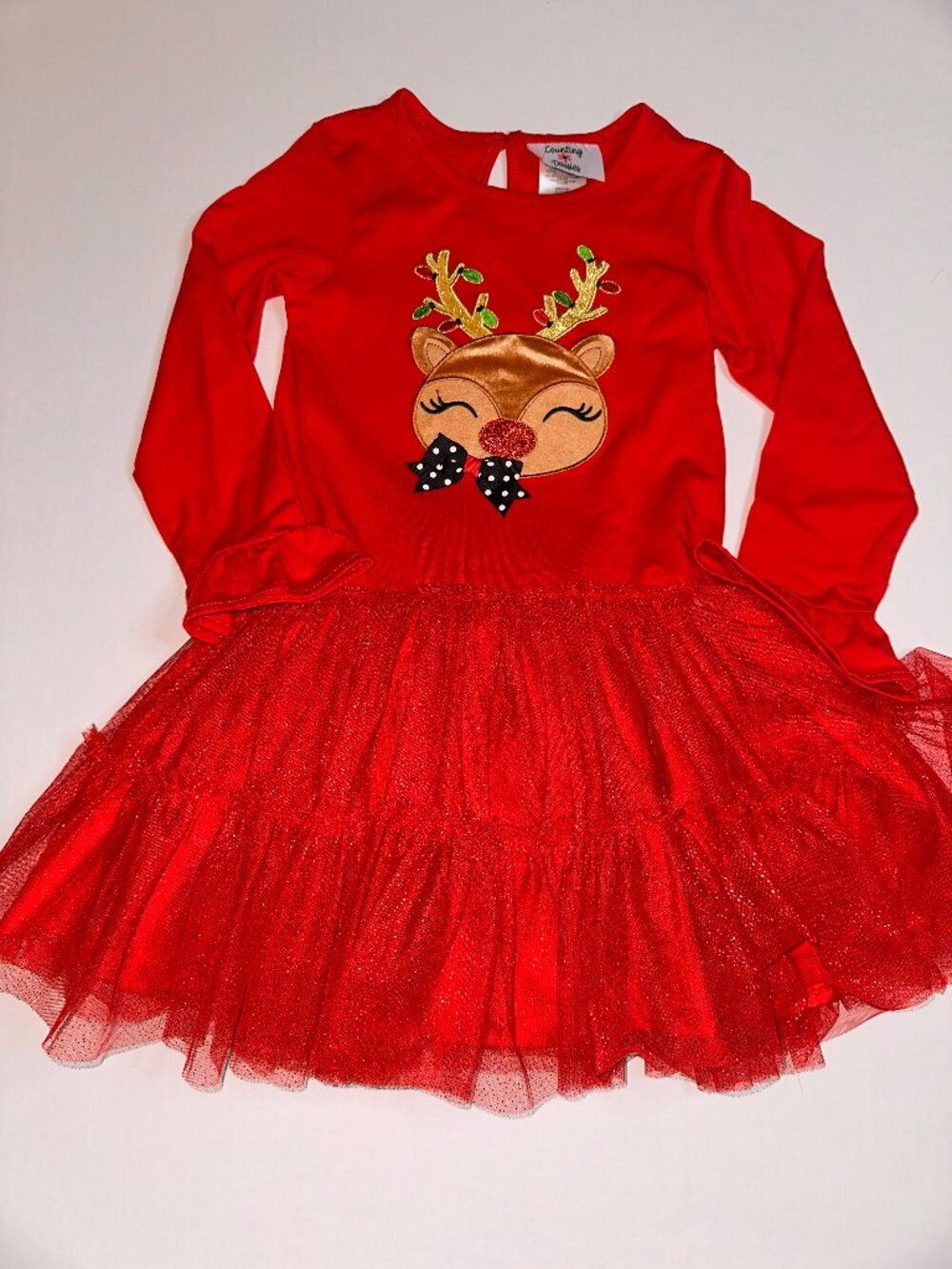 Counting Daisies Christmas Reindeer Red Tulle Party Dress Girl's Size 6 #696